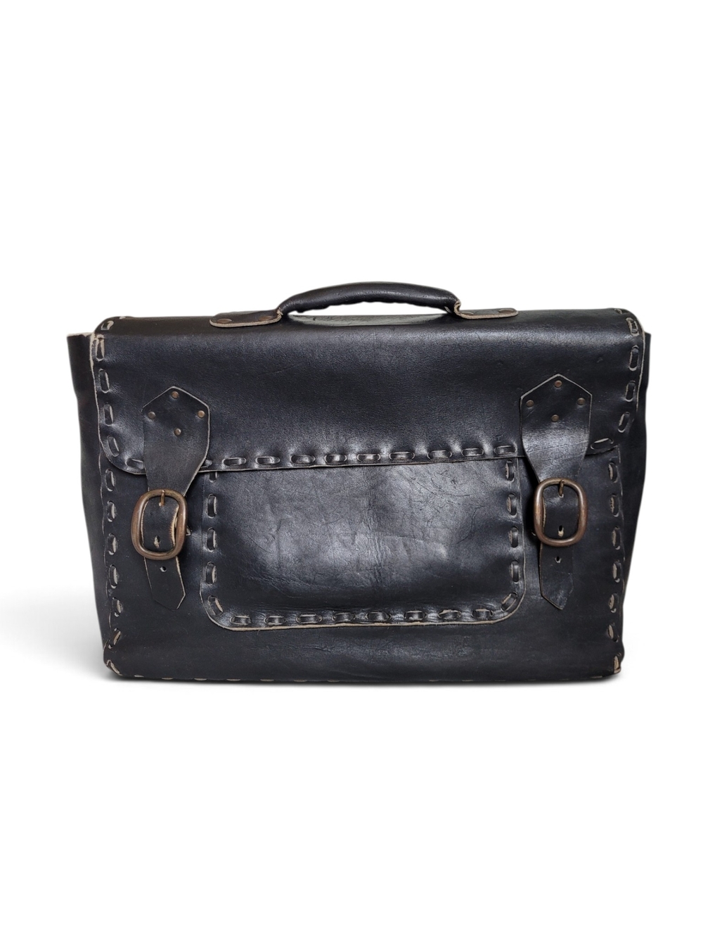 Vintage Black Leather Laptop Bag Briefcase Top Handle